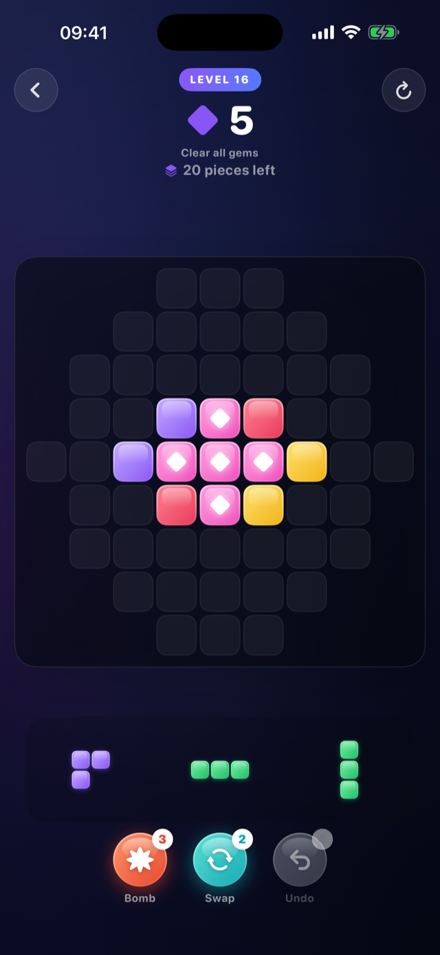 Adventure level with diamond-shaped board and gems