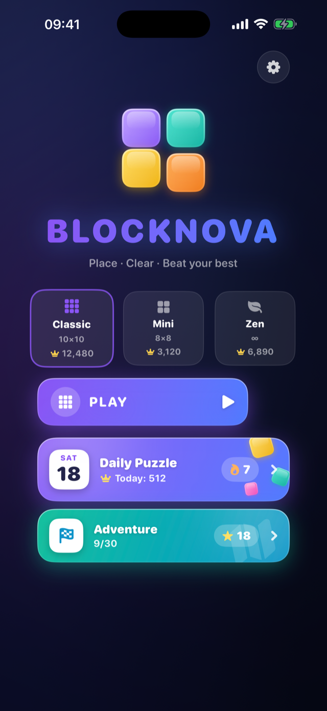 Blocknova main menu with game modes, daily puzzle and adventure
