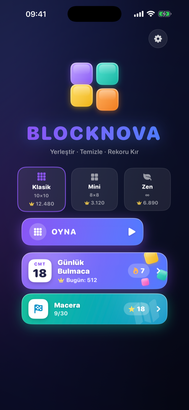 Blocknova ana menüsü: oyun modları, günlük bulmaca ve macera