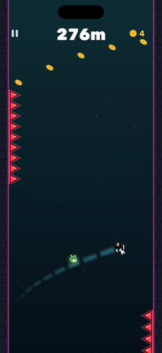 Flipjitsu gameplay — the ninja flips across the gap between two spiked walls