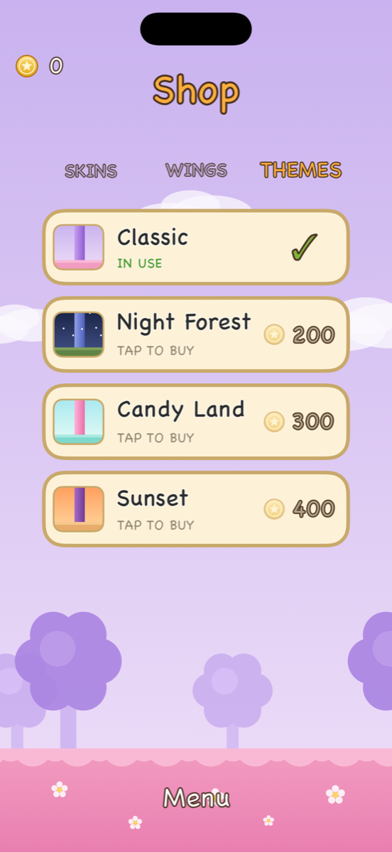 World themes: Night Forest, Candy Land, Sunset