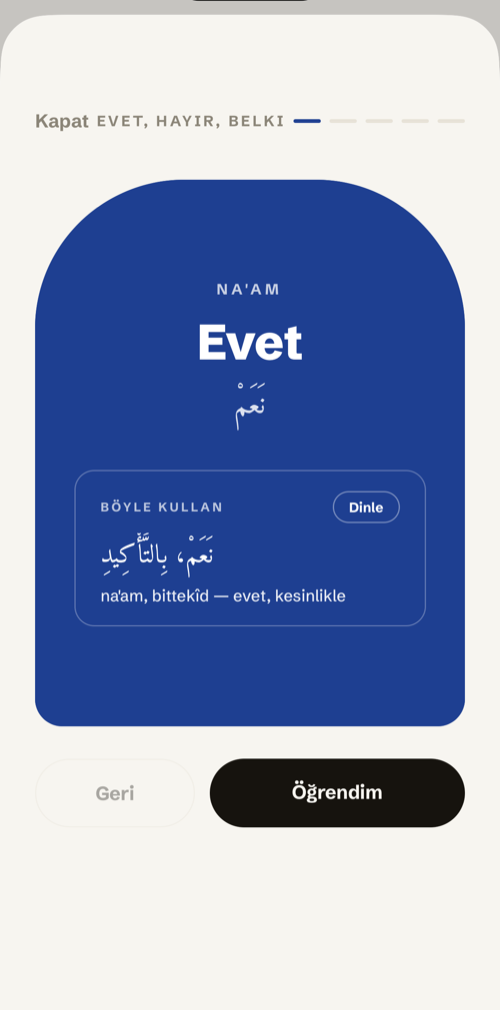 Kelime kartı arka yüzü — Türkçe anlam ve örnek cümle